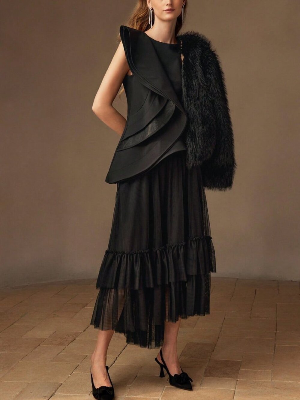 Black Elegant Women's Premium Layered Ruffle Trim Asymmetrical Hem Peplum Top - Picture 3 of 10
